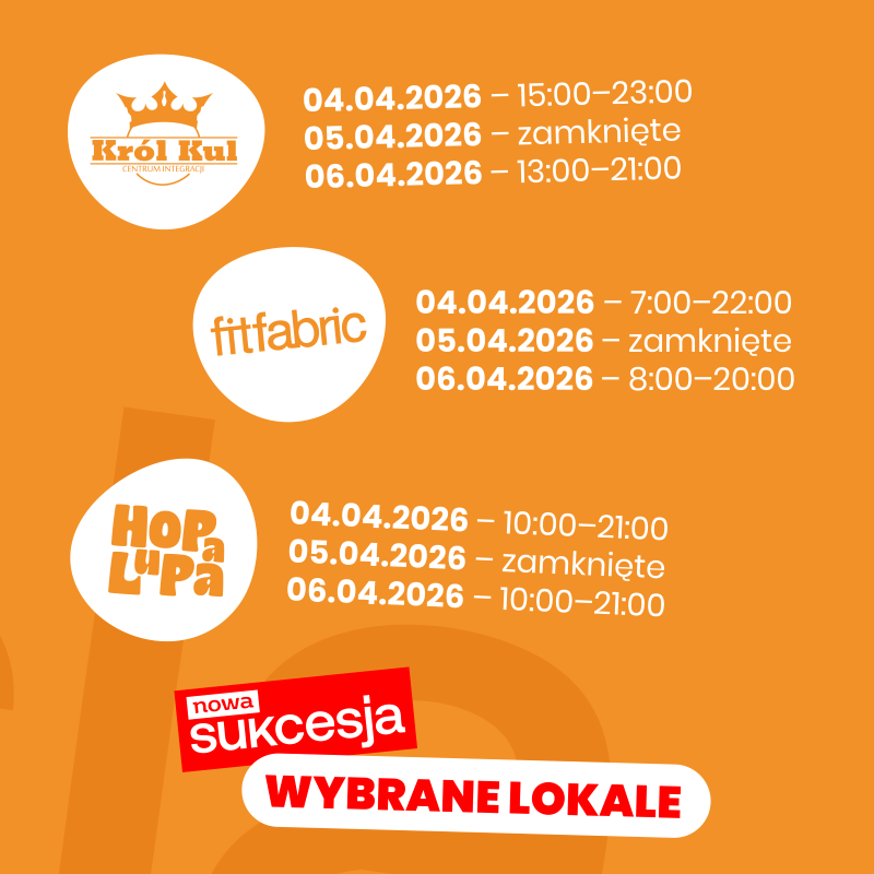 Szczegółowy grafik świąteczny dla lokali FitFabric, Król Kul oraz Hopa Lupa w Nowej Sukcesji.